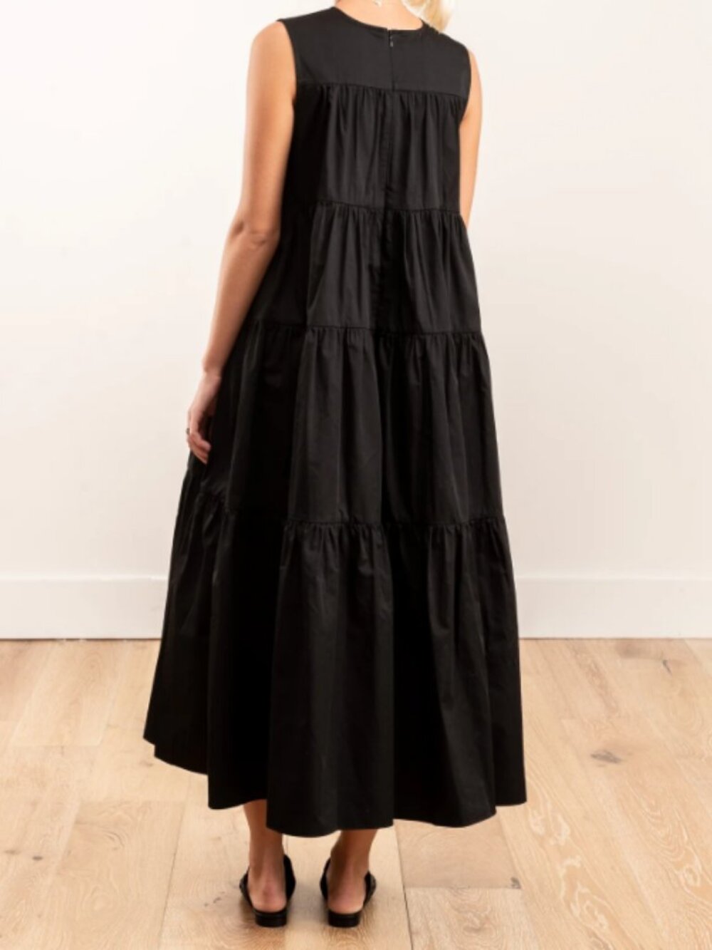 CO Essentials Black Cotton Poplin Tiered Sleeveless Maxi Dress SZ M - Picture 3 of 12
